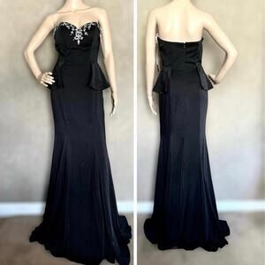 NWT Viranski Dancing Queen Black Beaded Strapless Sweetheart Peplum Mermaid Gown